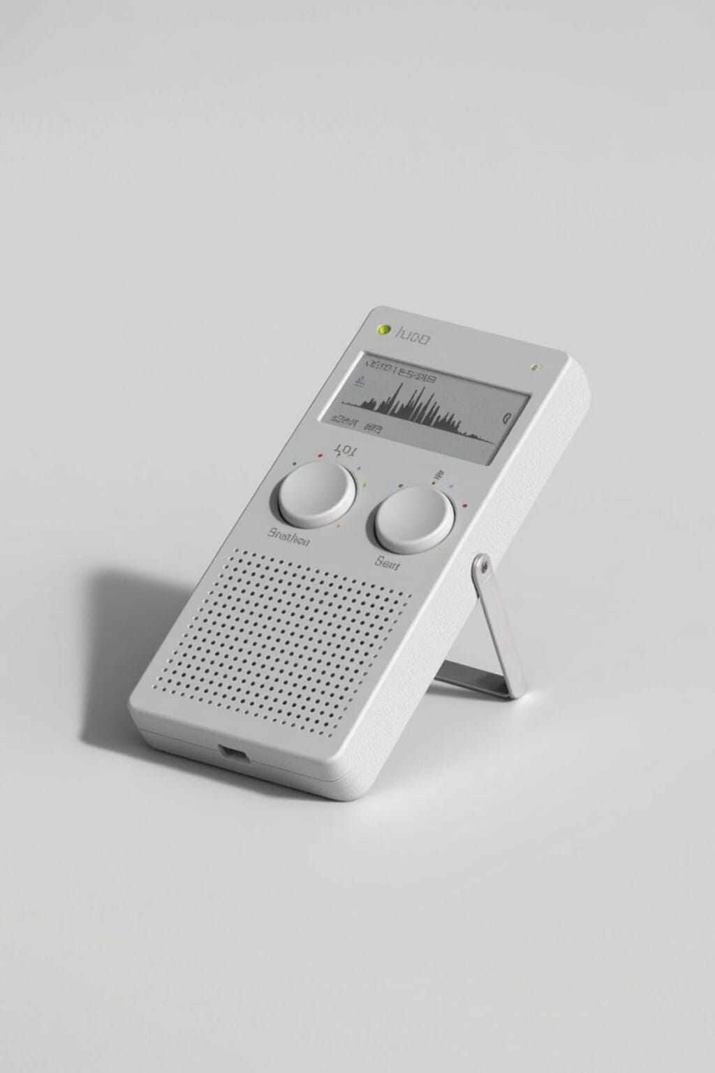 a white electronic device with buttons and a screen