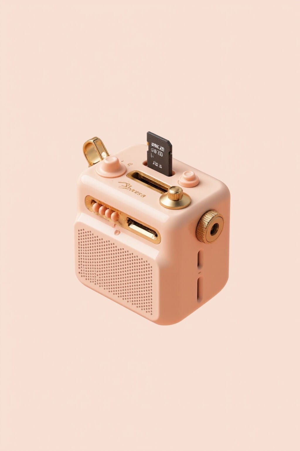 a pink radio with a memory card