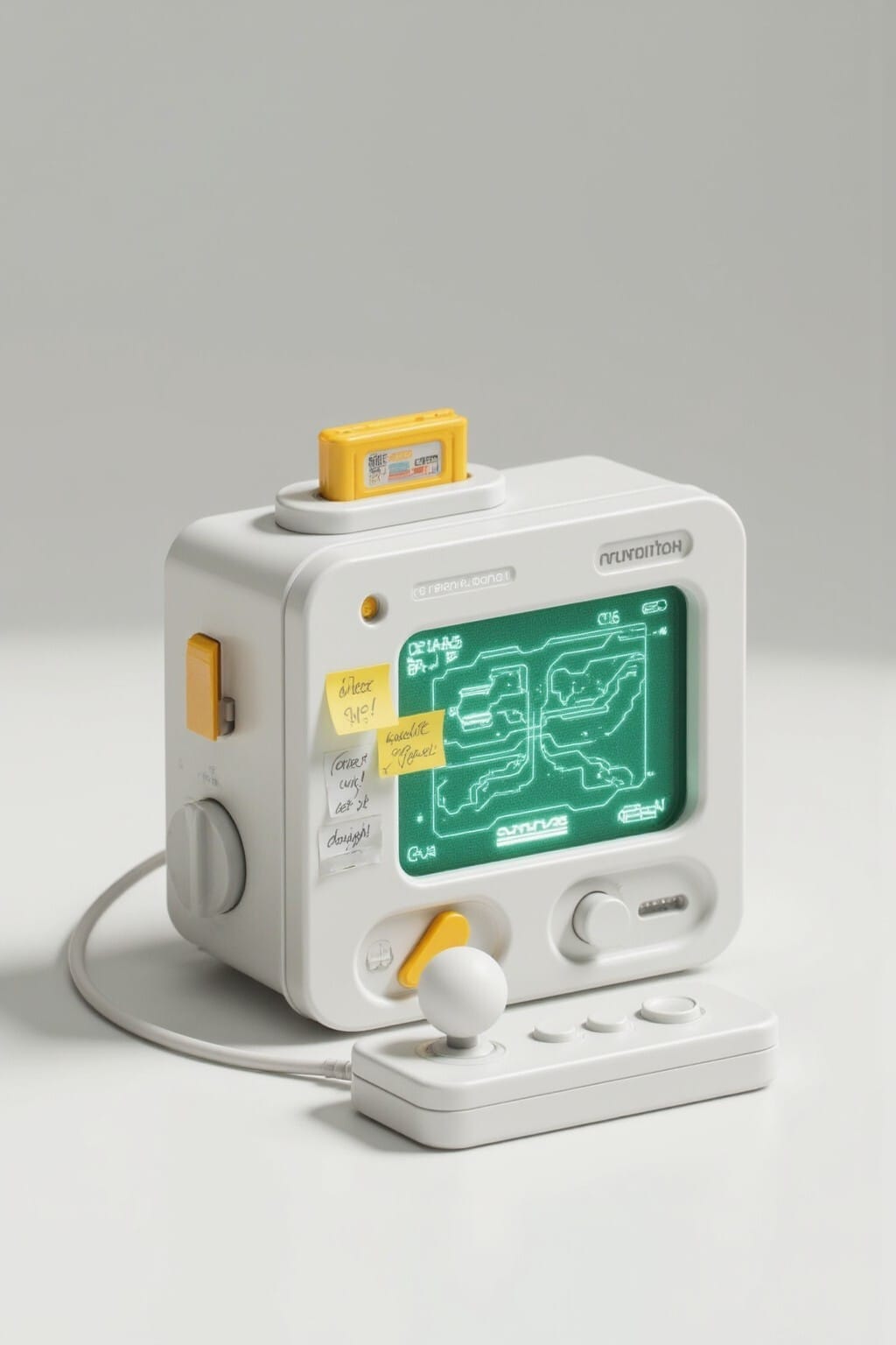 a white square device with a green screen and yellow buttons
