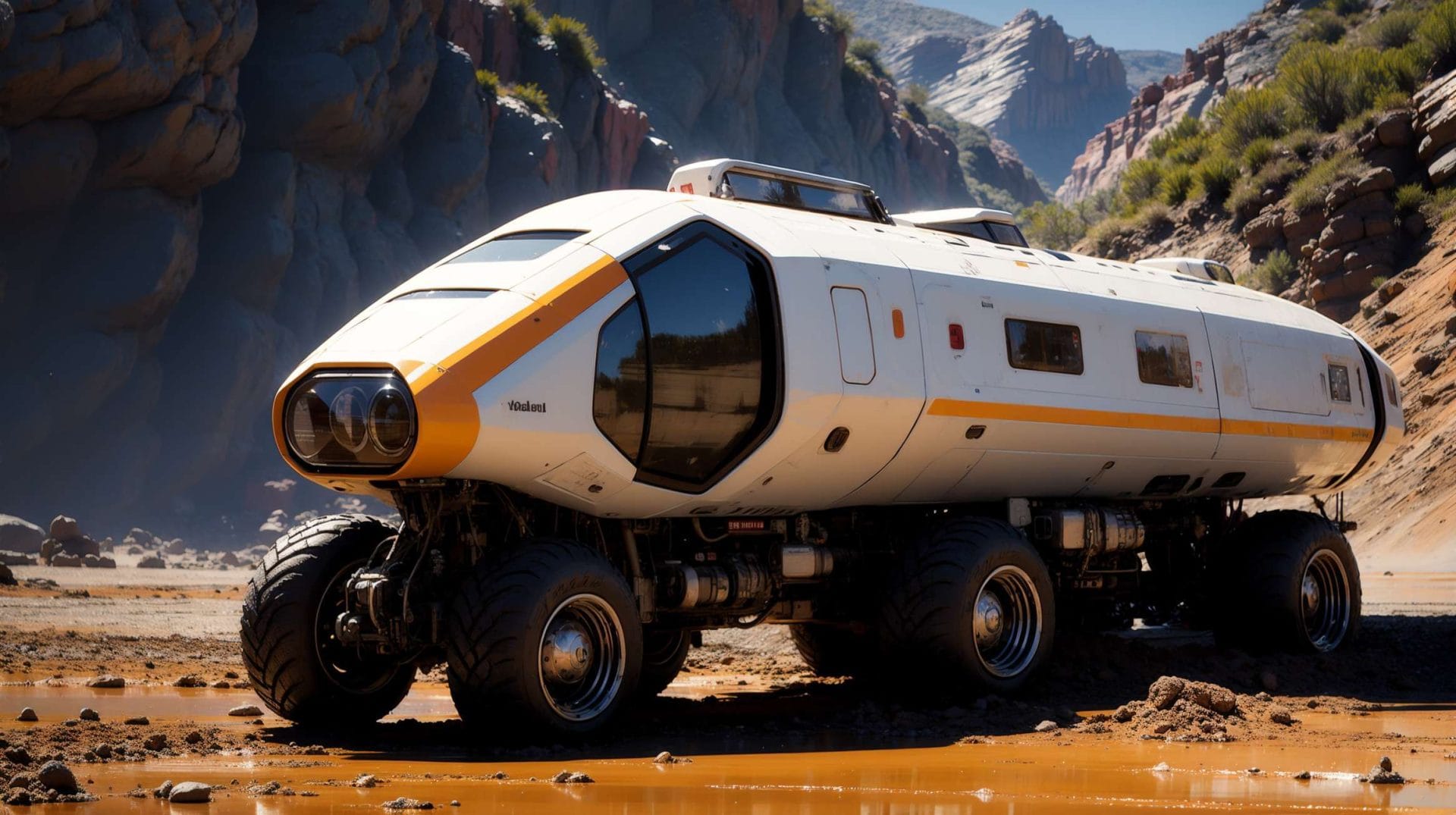 a white and yellow vehicle with large wheels