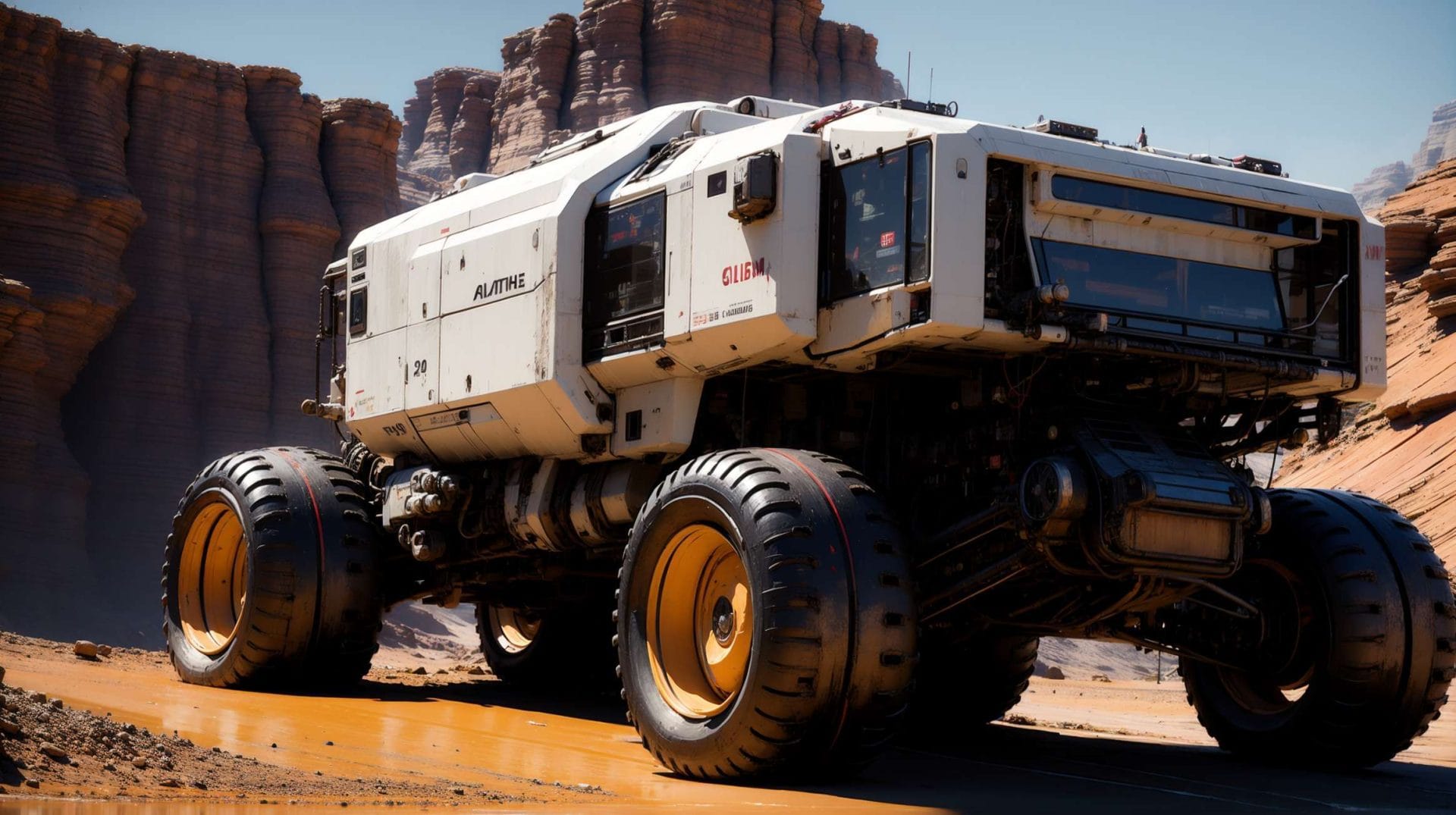 a large white vehicle on a dirt road