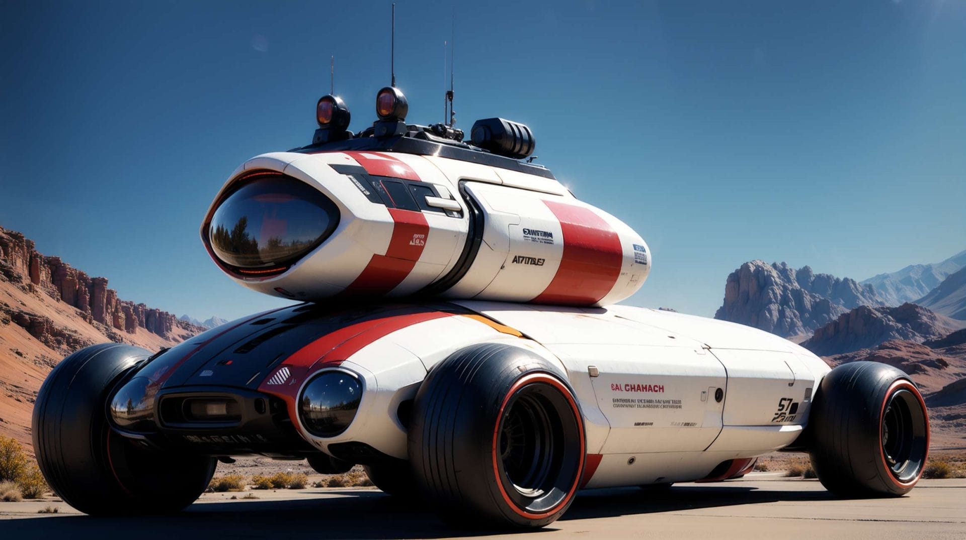 a white and red vehicle with a large round object on top